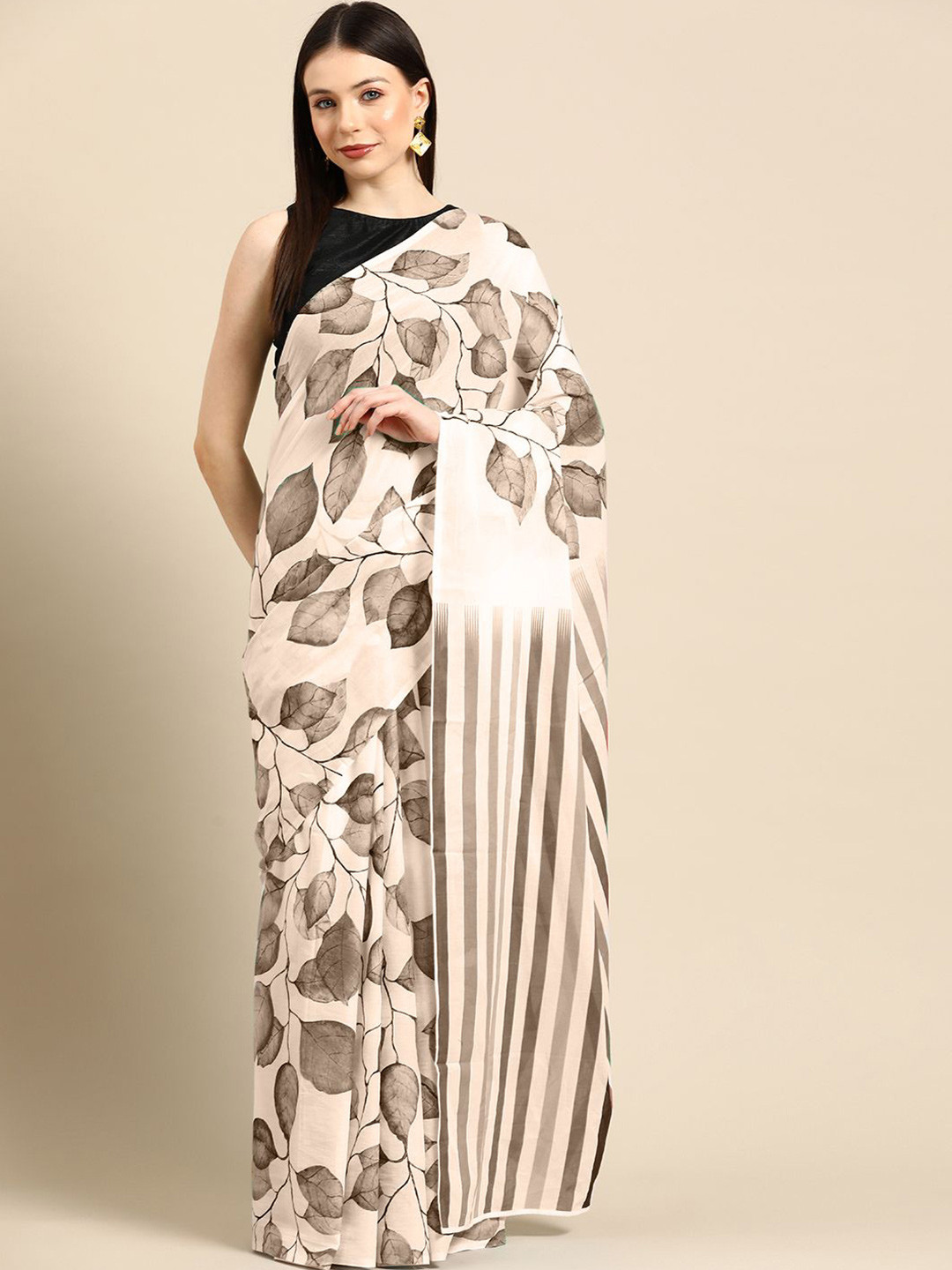 

BUTA BUTI Women Floral Printed Pure Cotton Saree, Coffee brown
