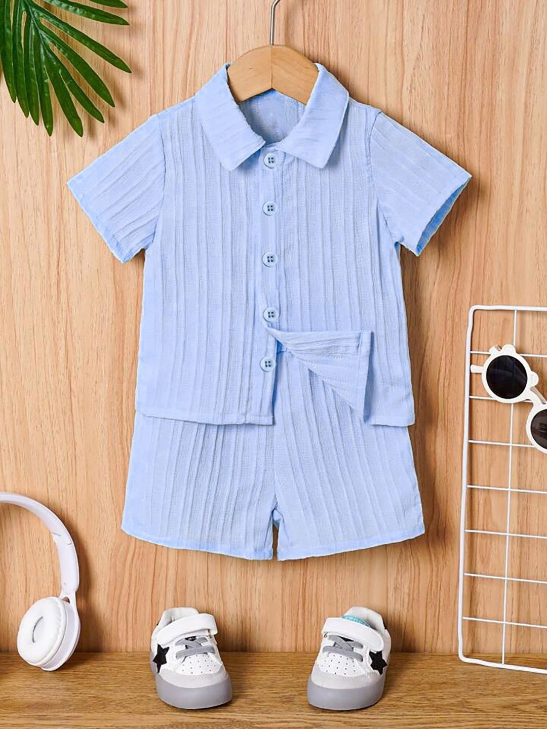 

OMPAX Shirt Collar Pure Cotton Shirt With Shorts, Blue