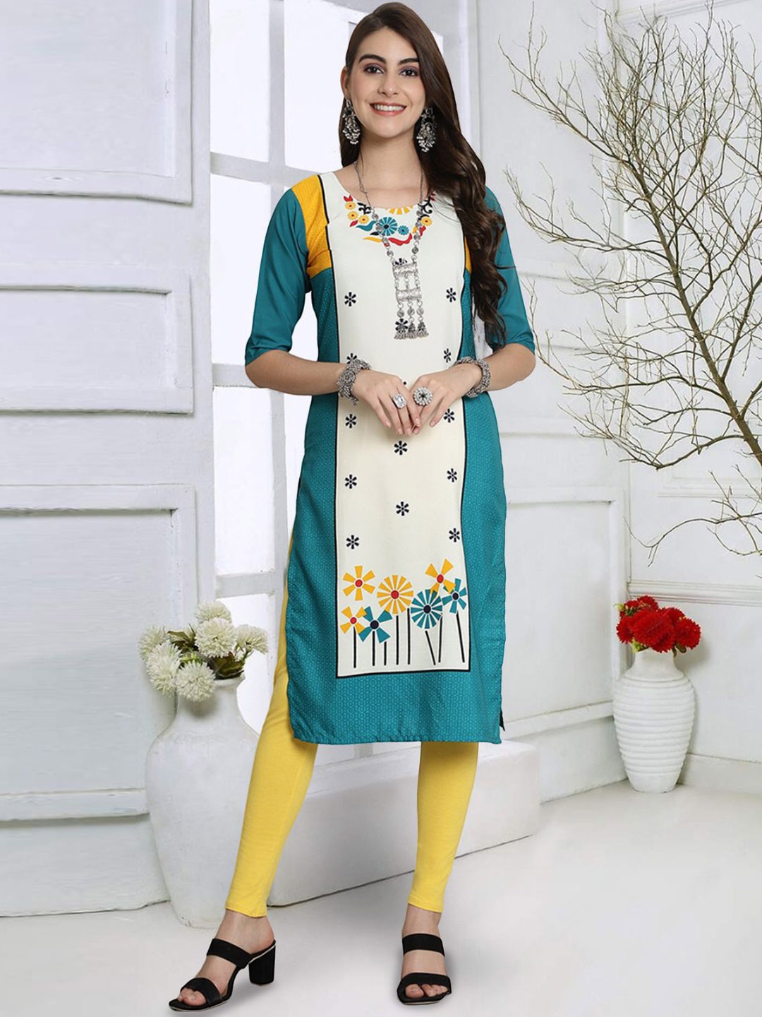 

7Threads Floral Printed Round Neck Short Sleeves Straight Kurta, Turquoise blue