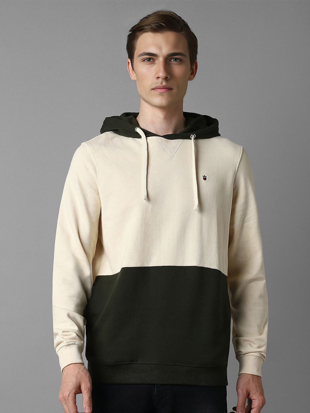 

Louis Philippe Men Colourblocked Hooded Sweatshirt, Cream