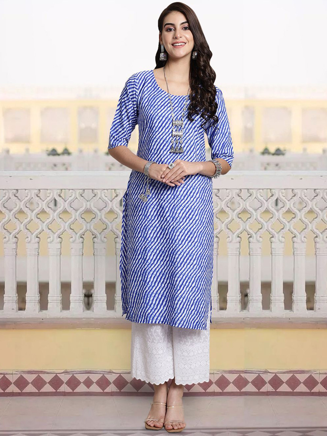 

7Threads Leheriya Printed Crepe Straight Kurta, Blue
