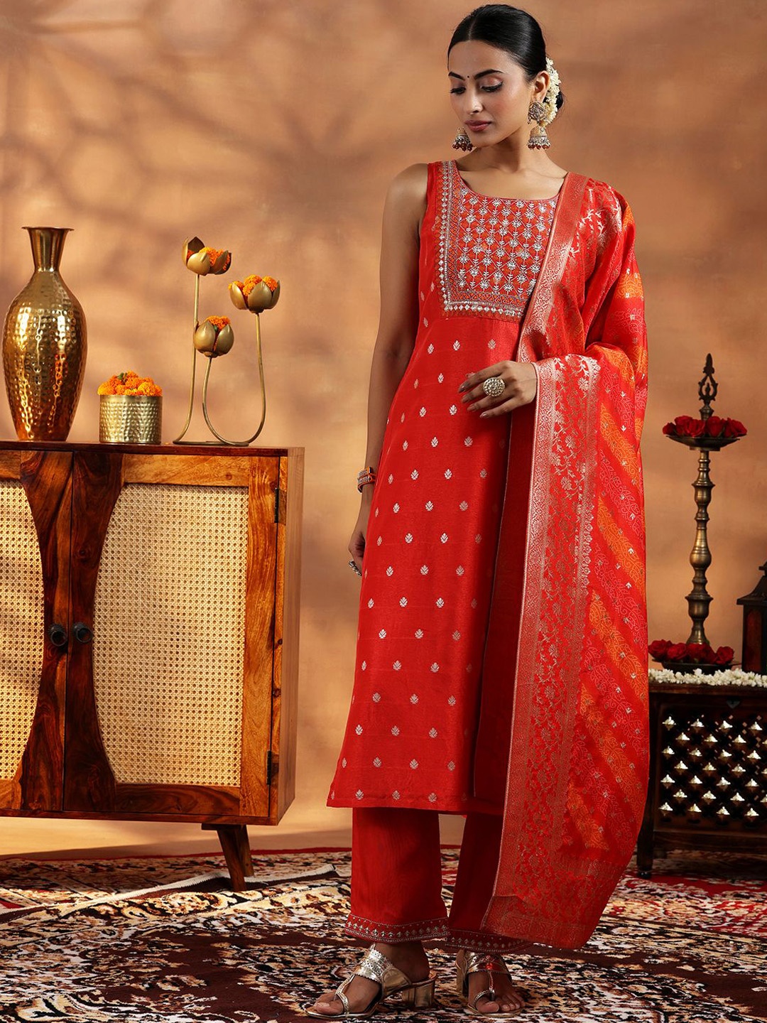 

Libas Ethnic Motifs Embroidered Sequinned Straight Kurta with Trousers & Dupatta, Orange