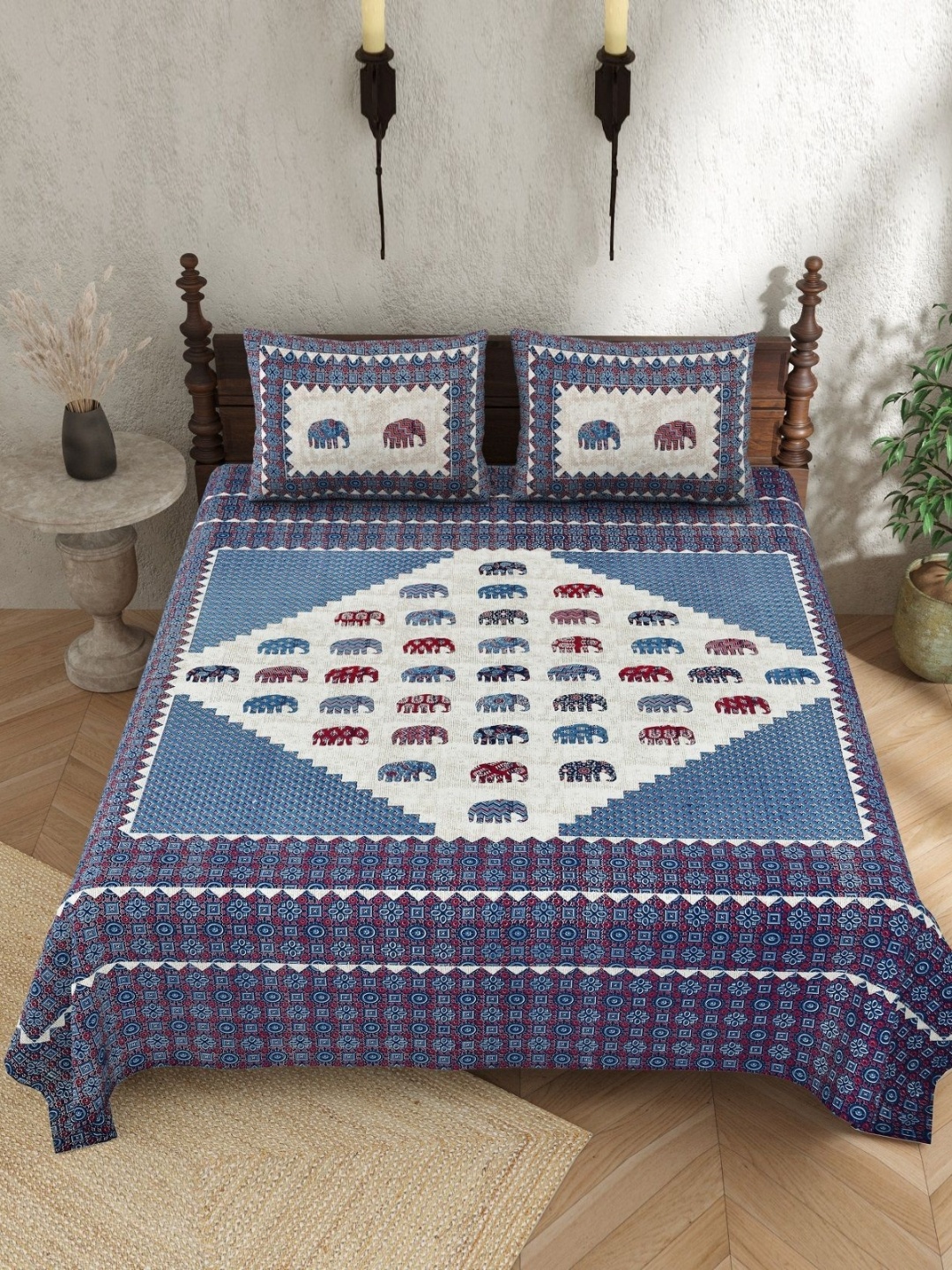 

Texstylers Blue Ethnic Motifs 140 TC Queen Bedsheet with 2 Pillow Covers