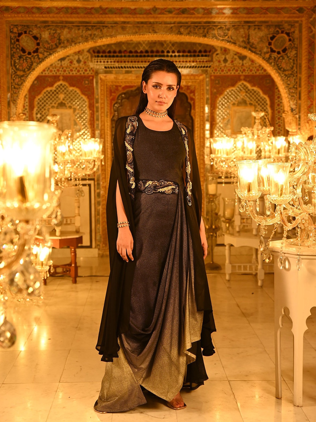 

Nikita Vishakha Women Self Design Maxi Dress with a Shrug, Black