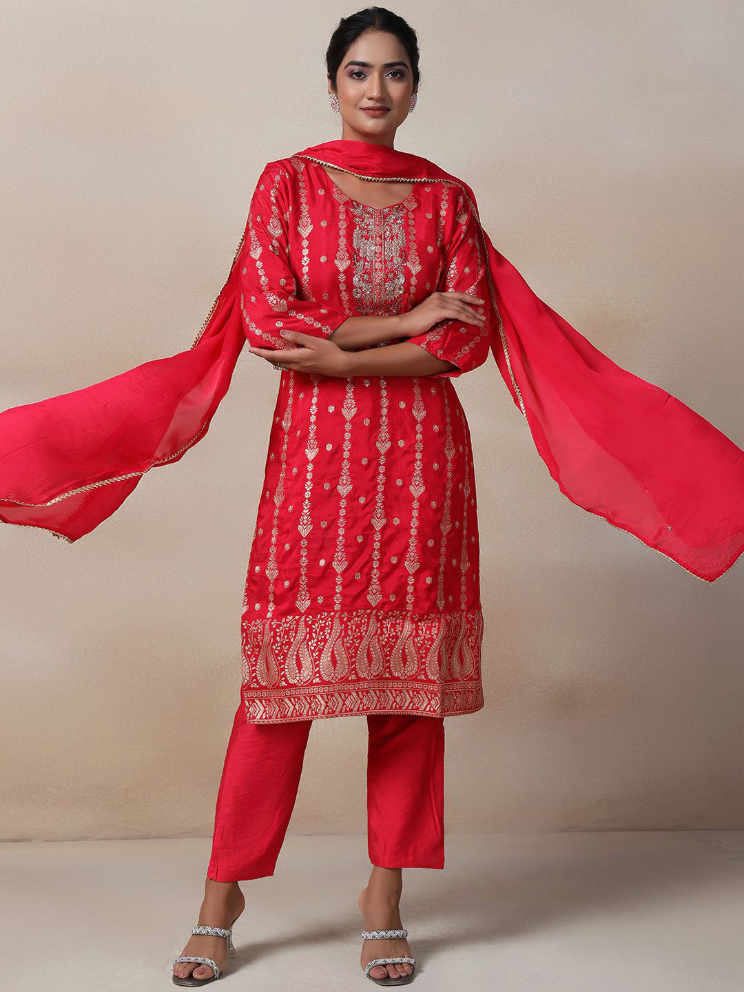 

Rang by Indya Ethnic Motifs Embroidered Thread Work Kurta with Trousers & Dupatta, Pink