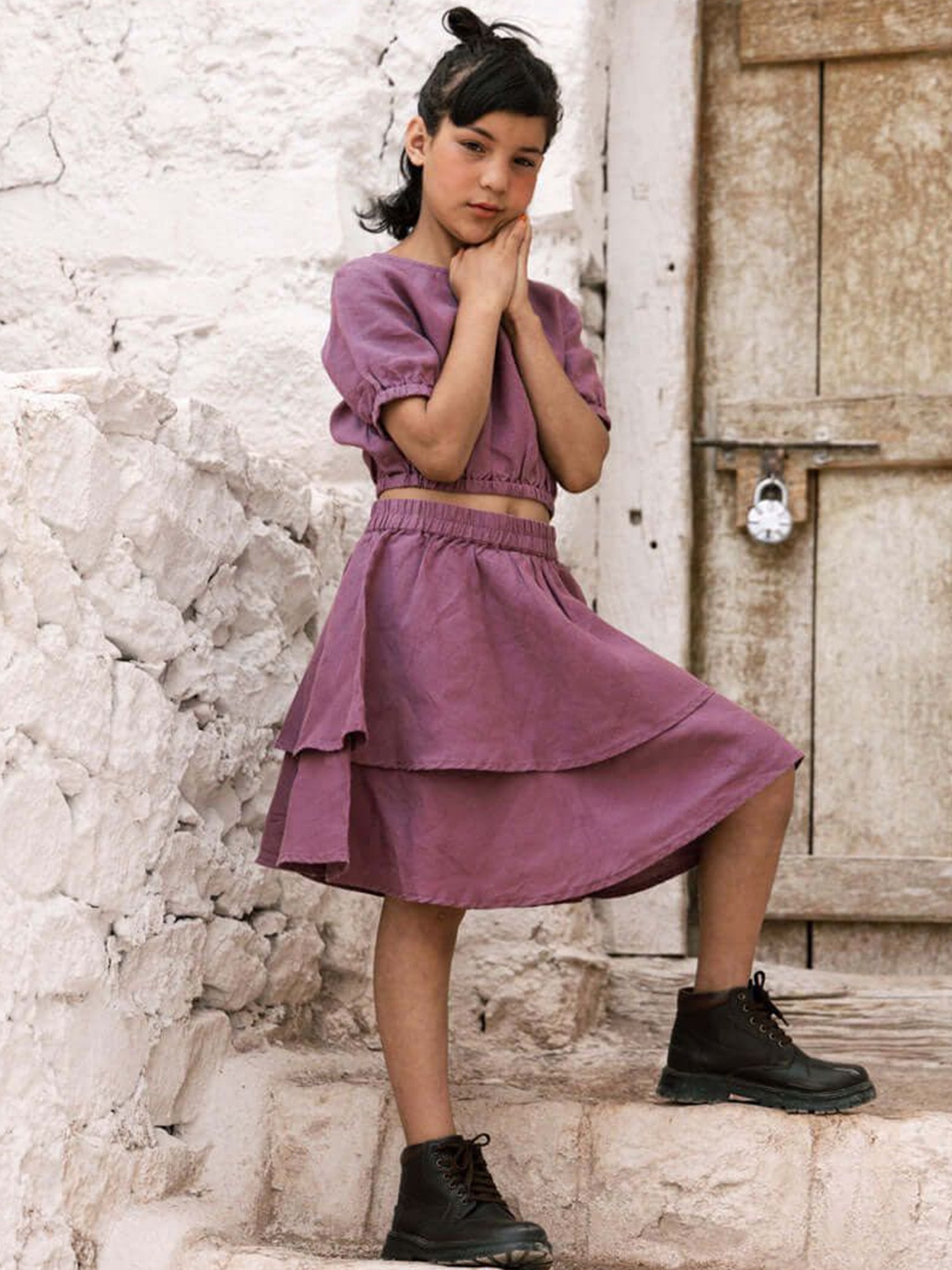 

CHI LINEN CLOTHING Girls Round Neck Linen Top with Skirt, Purple