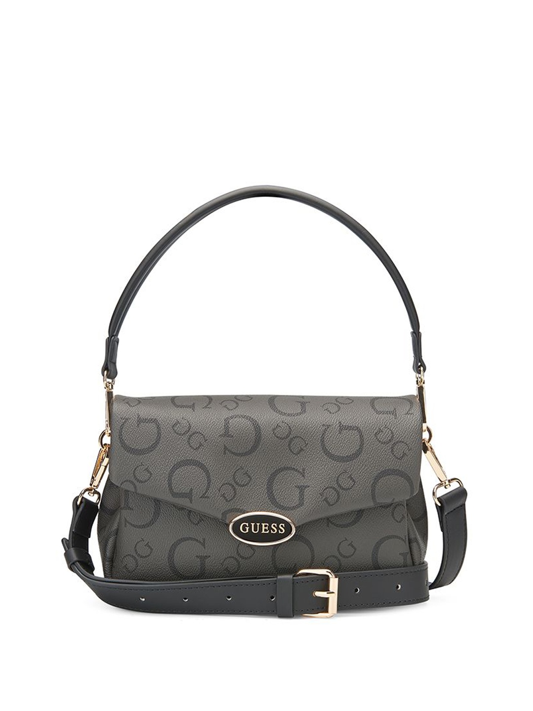 

GUESS Printed Bowling Shoulder Bag with Cut Work, Grey