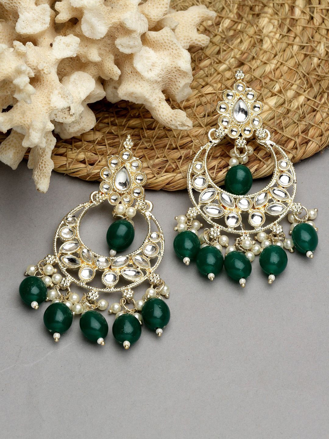 

ZENEME Gold-Plated Teardrop Shaped Chandbalis Earring, Green