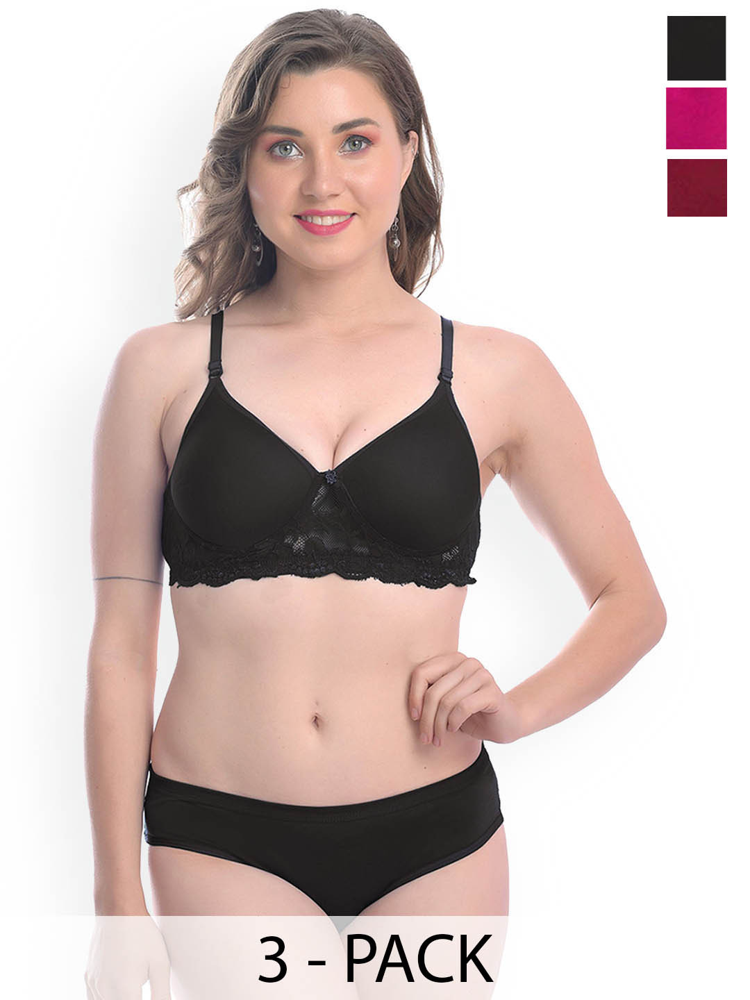 

AROUSY Pack Of 3 Cotton Lightly-Padded Lingerie Set, Pink