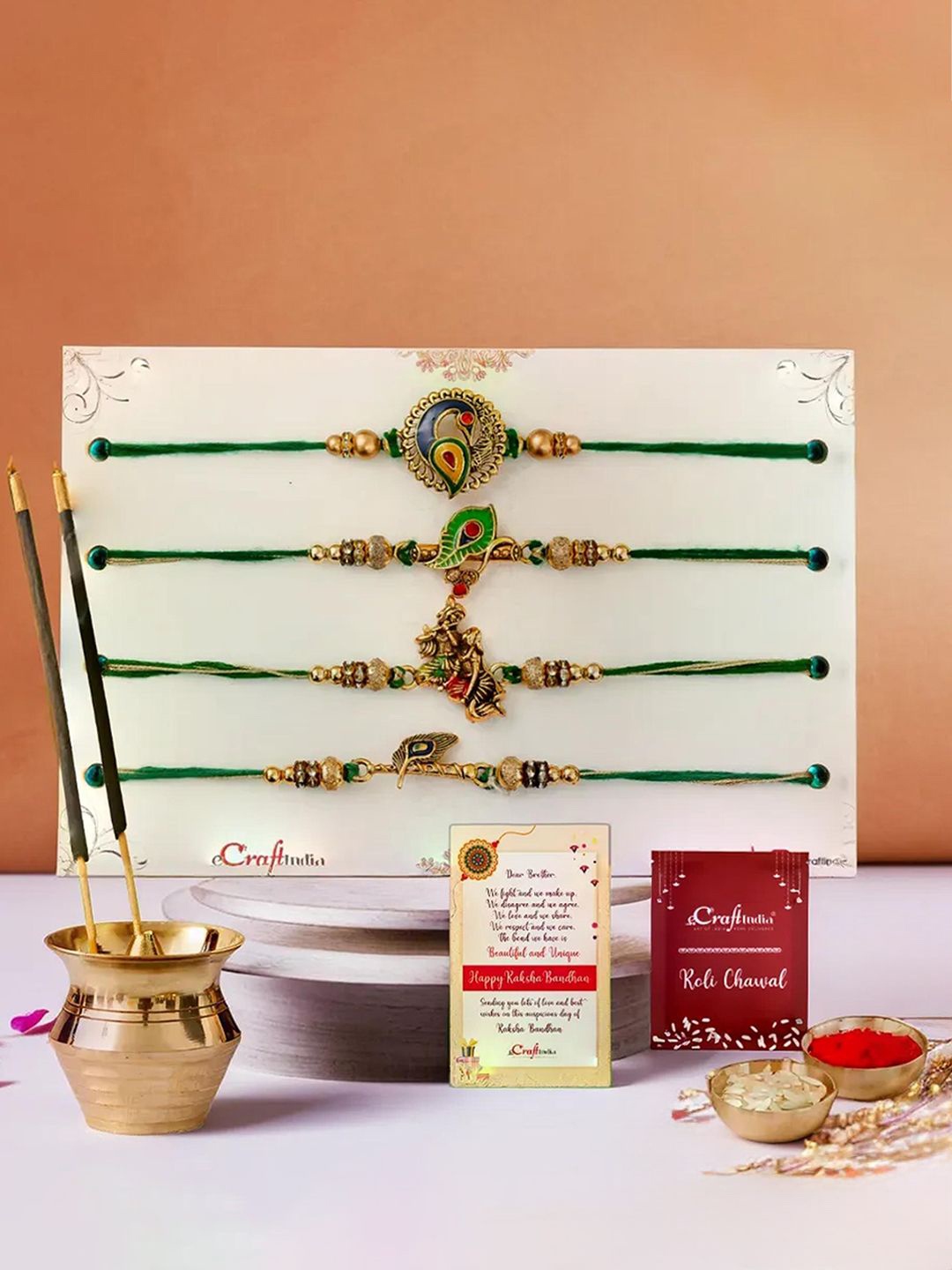 

eCraftIndia Set of 5 Beaded Rakhis With Pot Shape Incense Stick Holder, Gold