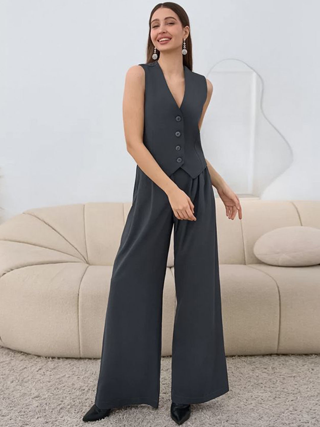 

MIAKEE V Neck Sleeveless Top With Trouser, Grey