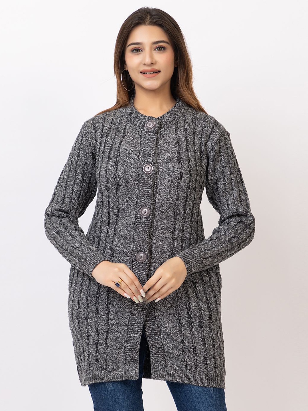 

TWENTY ME Women Embroidered Woollen Cardigan with Embroidered Detail, Grey