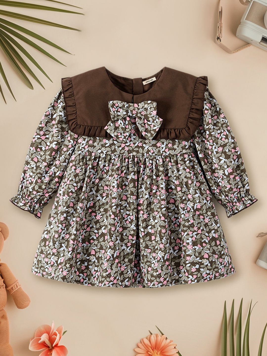 

INCLUD Girls Puff Sleeve Floral Empire Dress, Brown