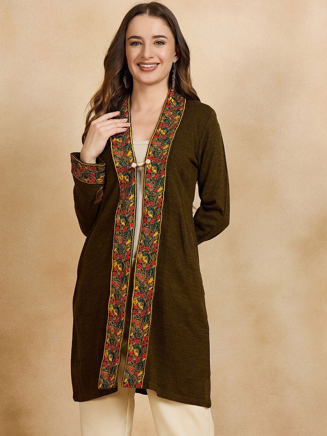 

CLAPTON Women Floral Embroidered Cowl Neck Gotta Patti Jacquard Woollen Kurta, Olive