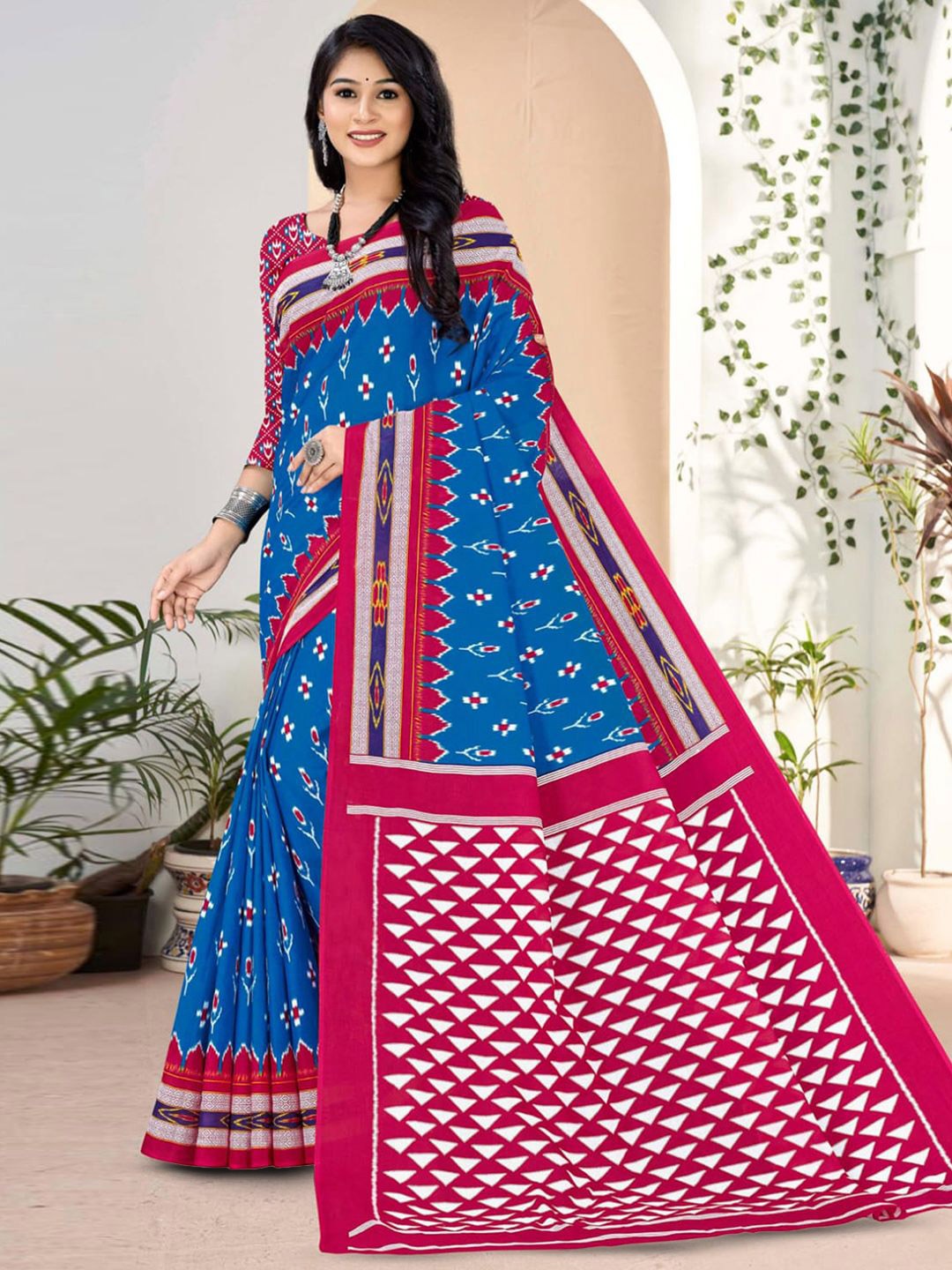 

KALINI Ethnic Motifs Pure Cotton Ikat Printed Saree, Blue