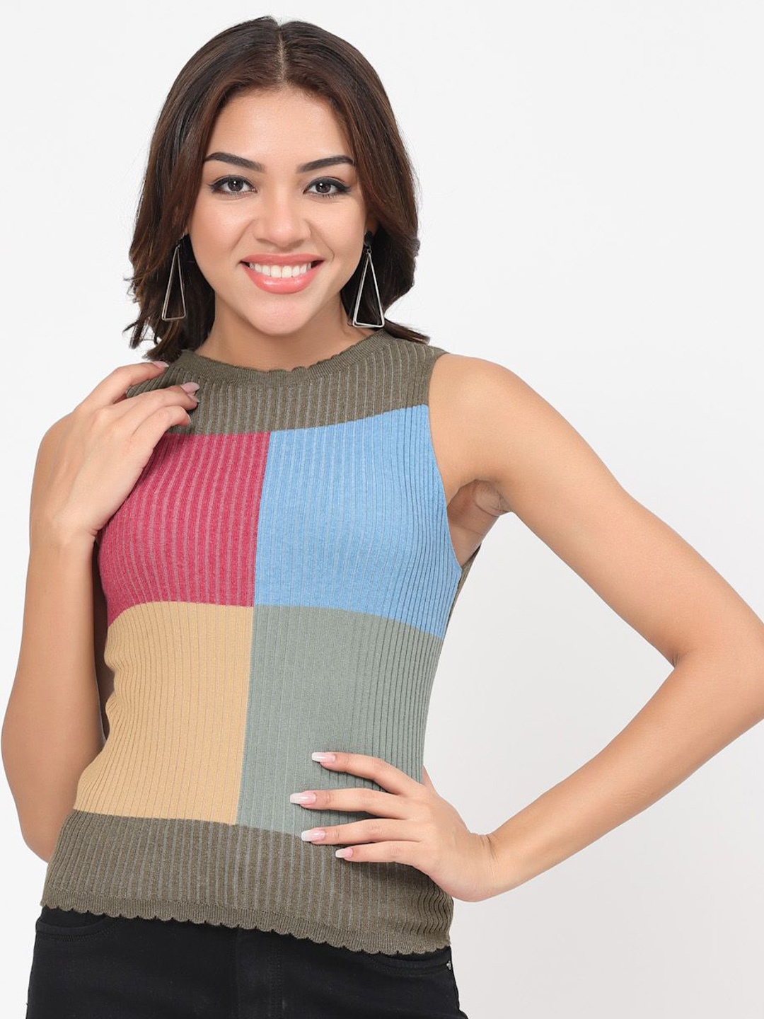 

Kalt Colourblocked Cotton Top, Olive