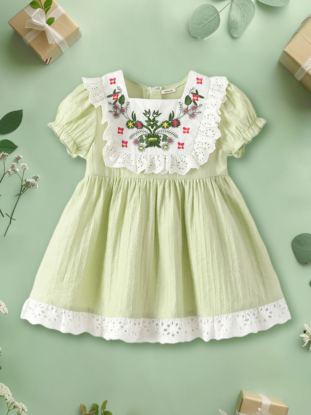 

INCLUD Girls Floral Embroidered Puff Sleeve Fit & Flare Dress, Green