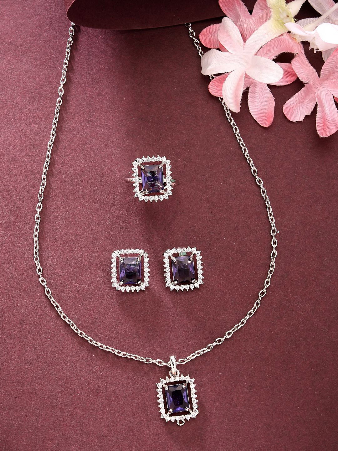 

ZENEME Rhodium Plated AD Studded Princess Cut Crytsal Necklace and Earrings With Ring, Silver