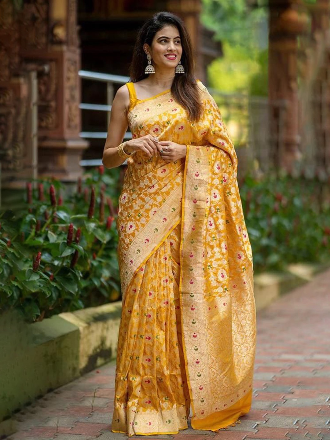 

Marziyaa Woven Design Zari Yellow Banarasi Saree
