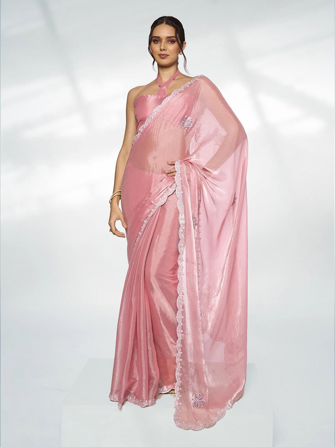 

Mitera Embellished Beads and Stones Organza Saree, Pink