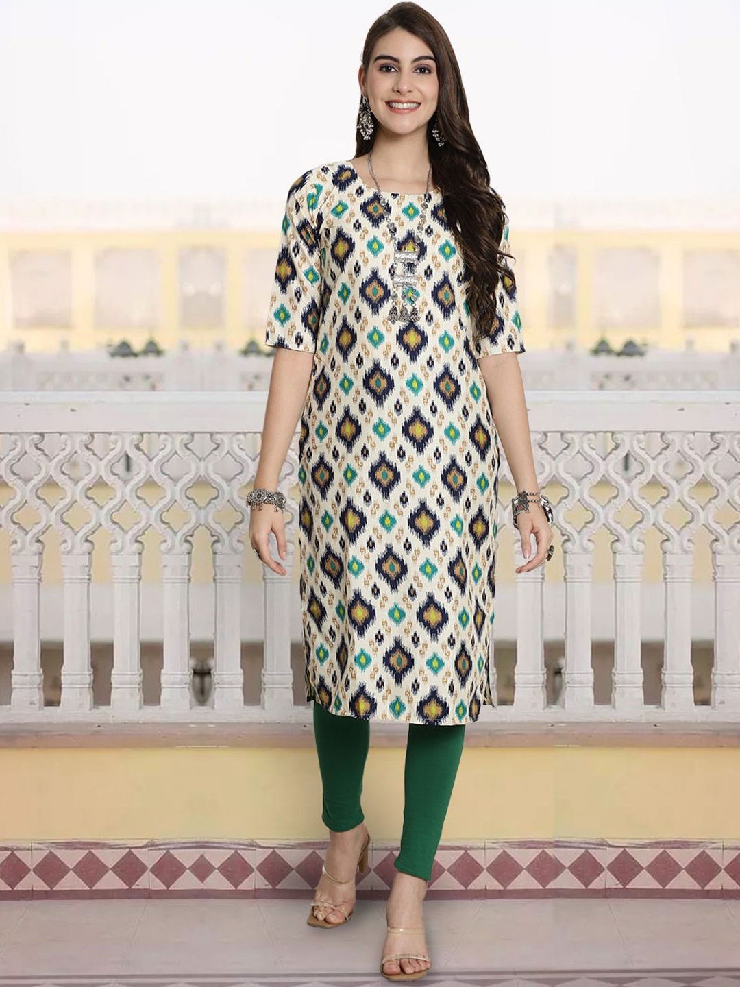 

7Threads Geometric Printed Round Neck Straight Kurta, Beige
