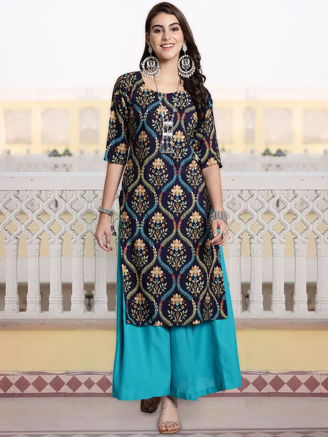 

7Threads Ethnic Motifs Printed Round Neck Straight Kurta, Navy blue