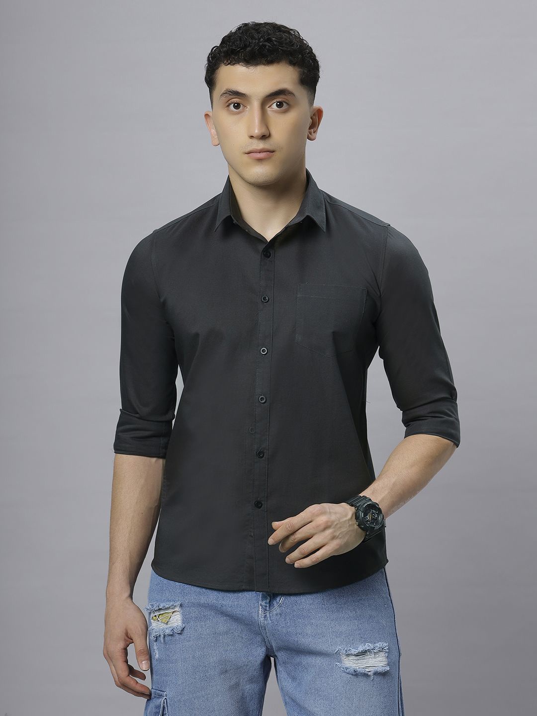 

Hence Men Spread Collar Solid Cotton Slim Fit Casual Shirt, Charcoal