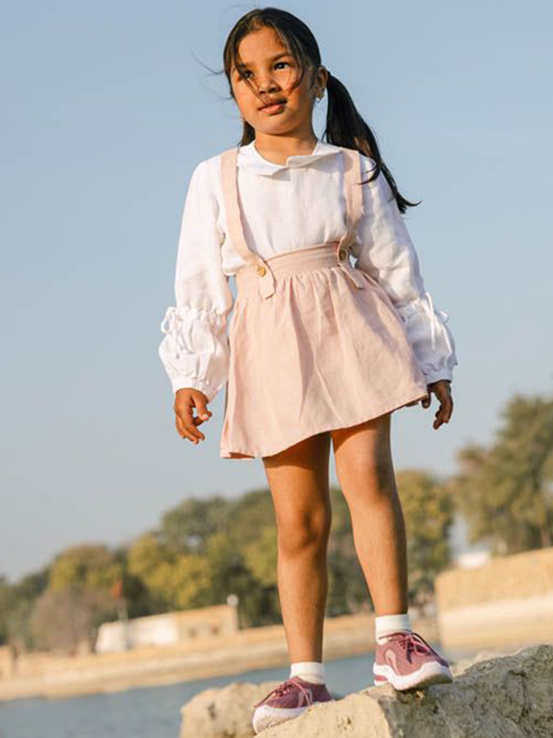 

CHI LINEN CLOTHING Girls Linen Shirt With Skirt Clothing Set, Peach