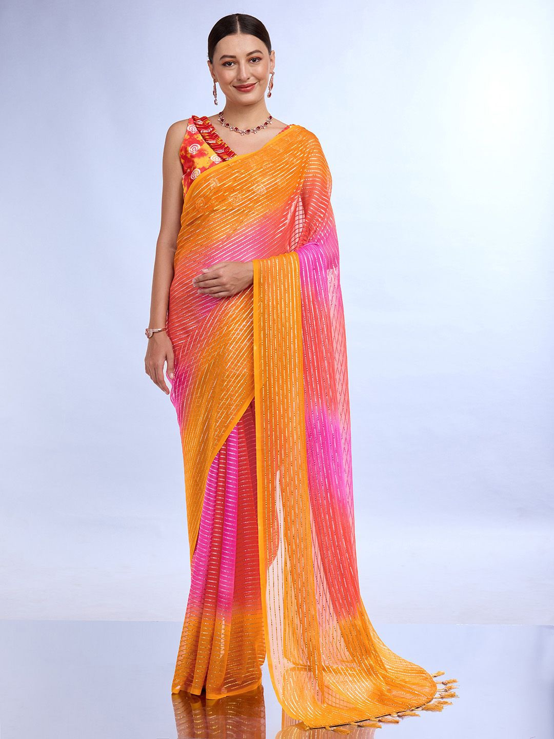 

Ishin Striped Saree with blouse piece, Pink