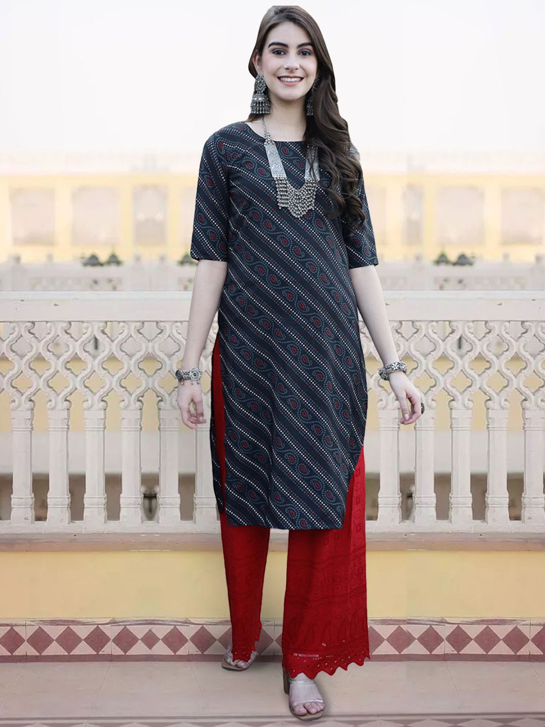 

7Threads Bandhani Printed Round Neck Crepe Straight Kurta, Navy blue