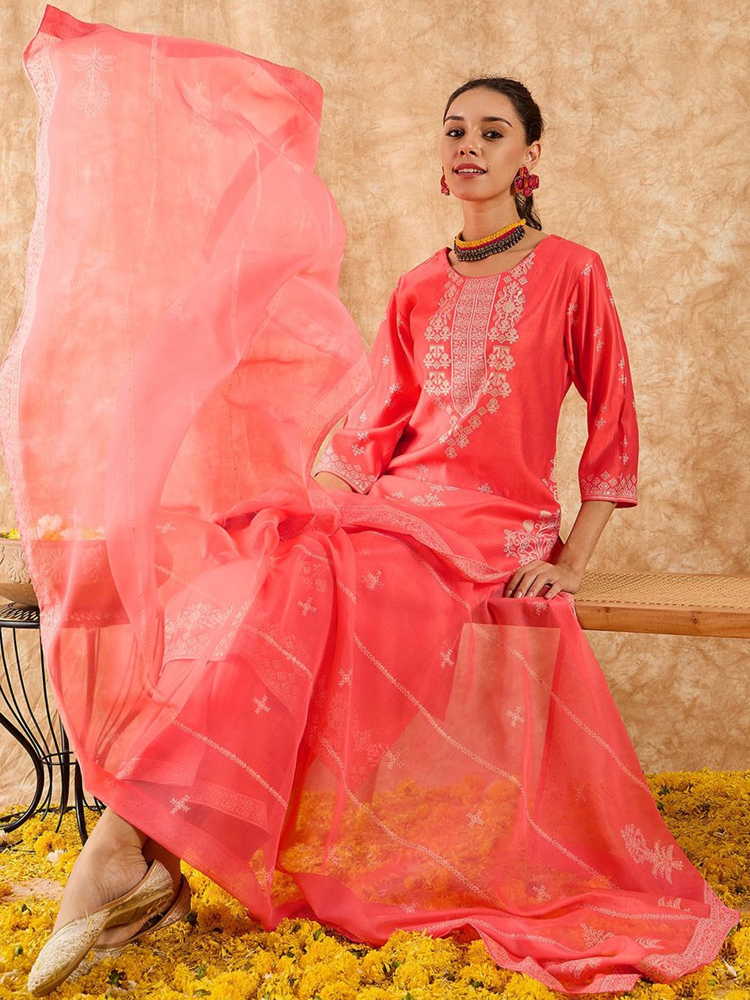 

Indo Era Ethnic Motifs Printed Straight Liva Kurta with Palazzos & Dupatta, Coral