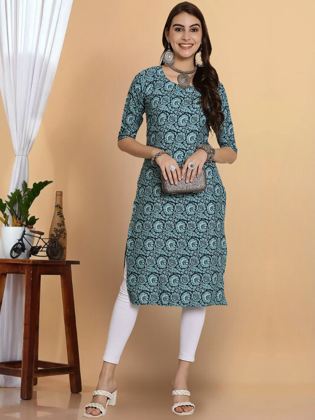 

7Threads Floral Printed Straight Kurta, Teal