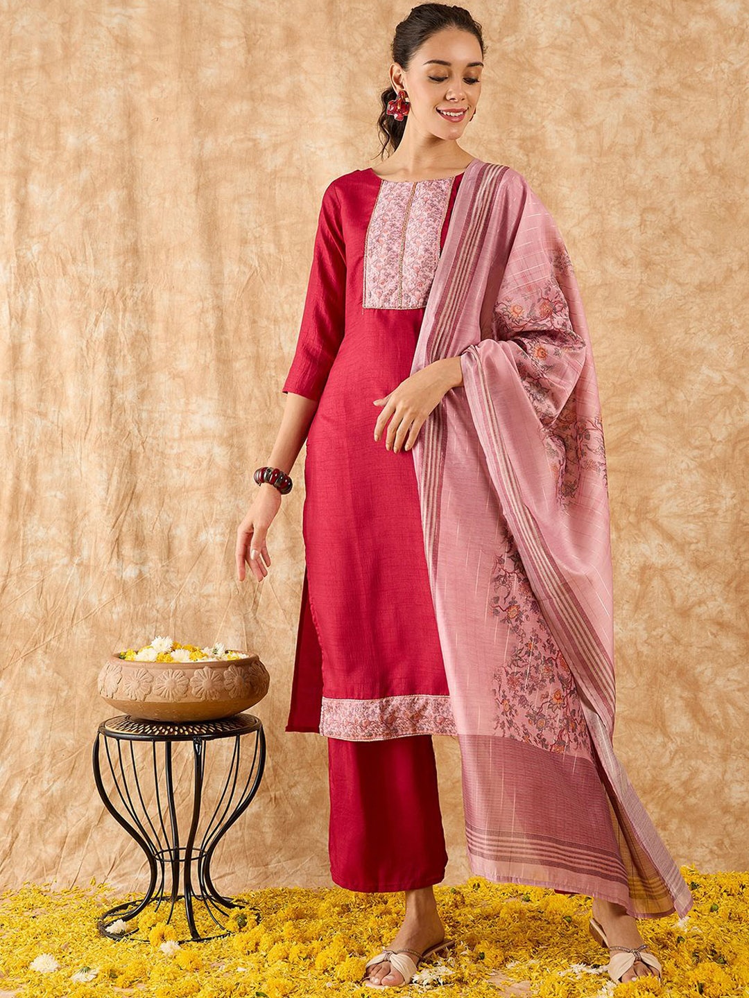 

Indo Era Floral Printed Straight Kurta with Trousers & Dupatta, Pink