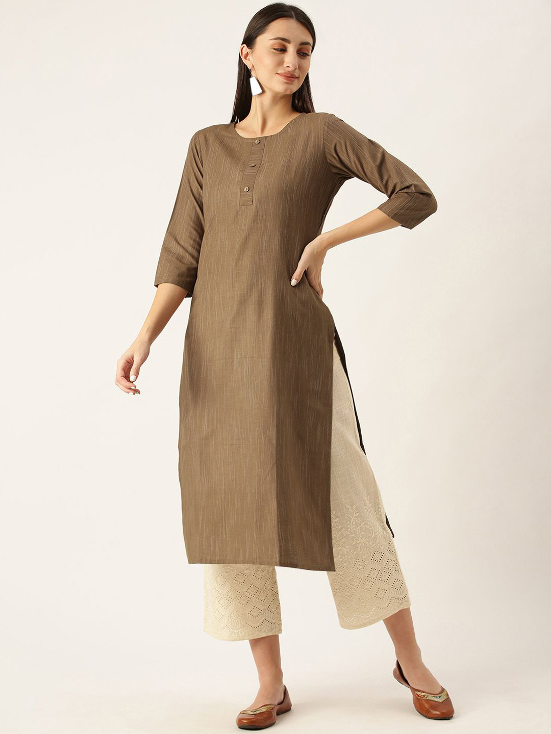 

KALINI Round Neck Three Quarter Sleeves Straight Kurta, Camel brown