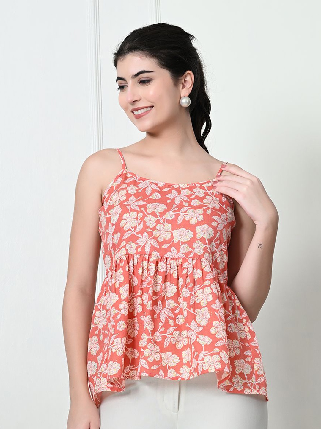 

Tushita Women Floral Printed Shoulder Straps Cotton Top, Peach