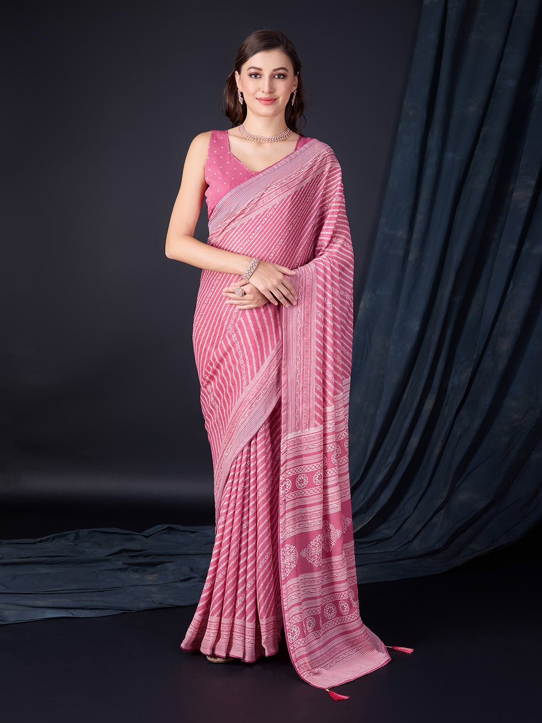 

Ishin Leheriya print Poly Georgette Saree, Pink