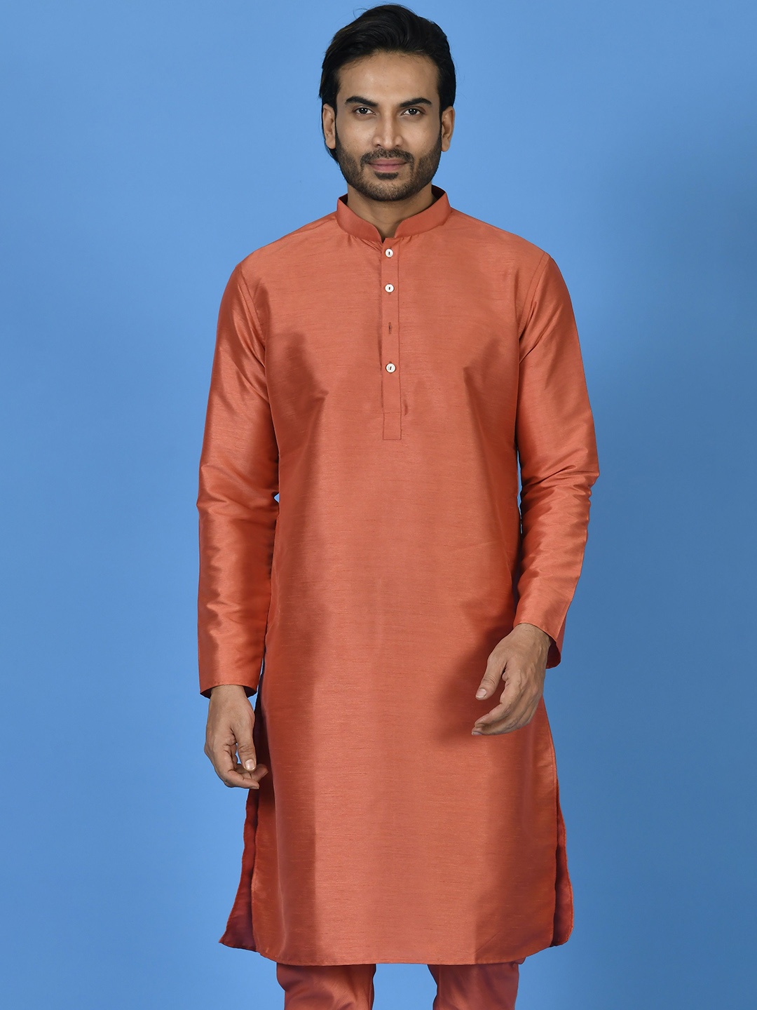 

Sayisha Mandarin Collar Long Sleeves Silk Straight kurta, Rust