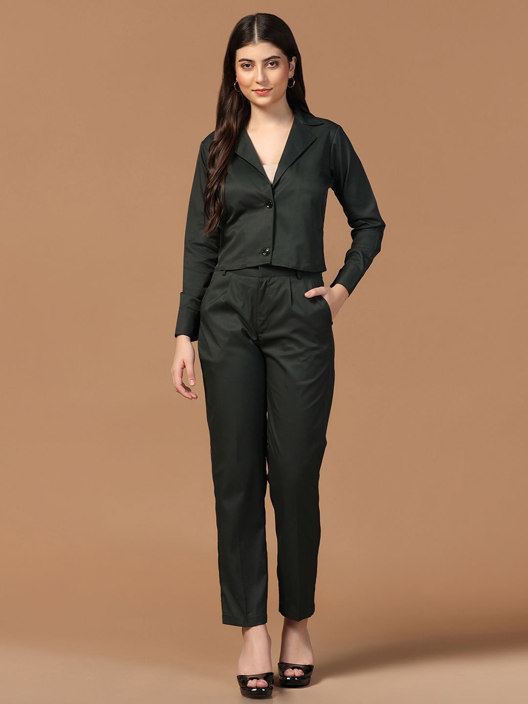 

TAHVO Notched Lapel Collar Top With Trousers, Green