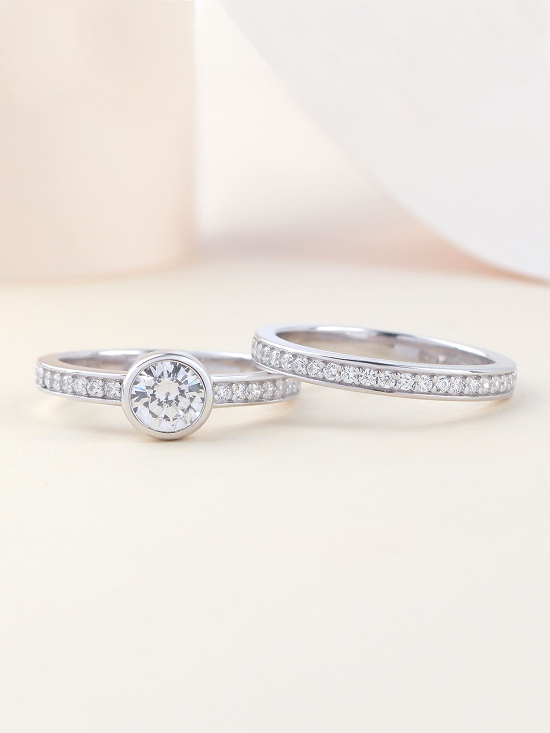 

Ornate Jewels Set Of 2 925 Sterling Silver 1 Carat AD Solitaire Ring with Band, White