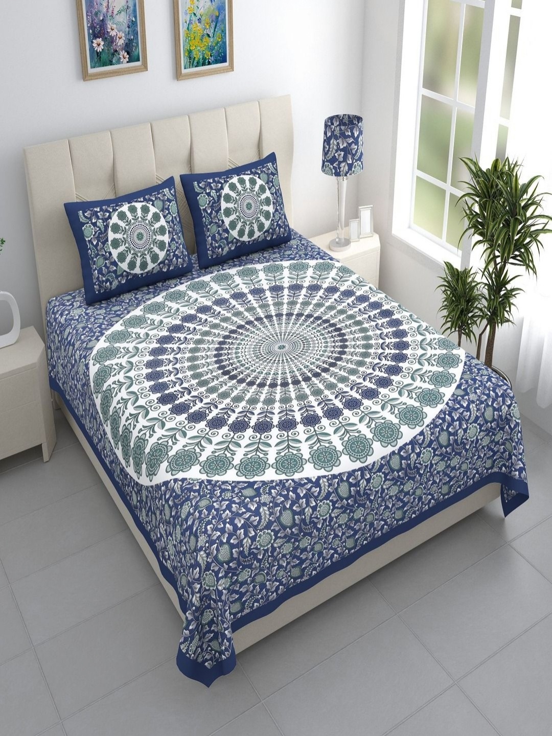 

Aura Blue & White Floral 144 TC King Bedsheet with 2 Pillow Covers