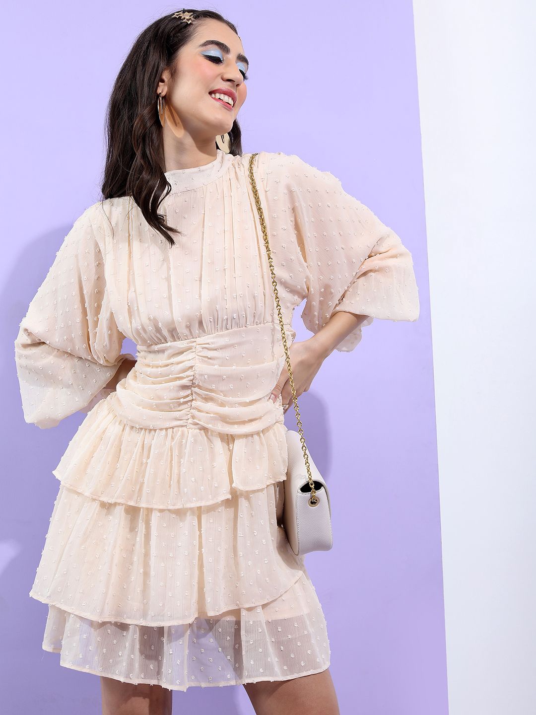 

Tokyo Talkies Mock Neck Flared Sleeve Fit & Flare Dress, Cream