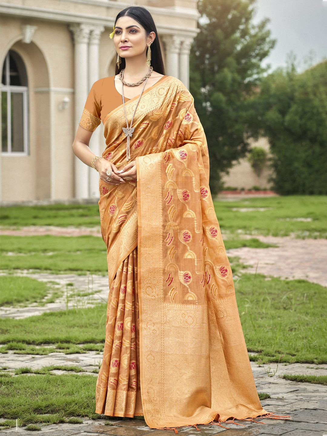 

Exclusiva Floral Printed Zari Organza Saree, Orange