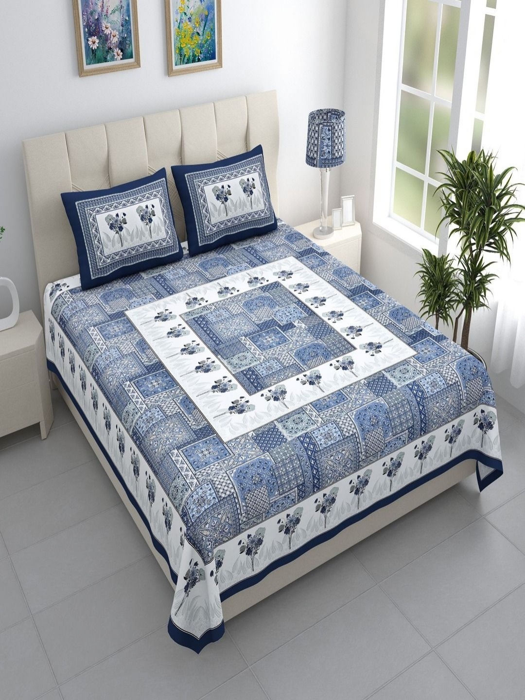 

Aura White & Blue Ethnic Motifs 144 TC King Bedsheet with 2 Pillow Covers