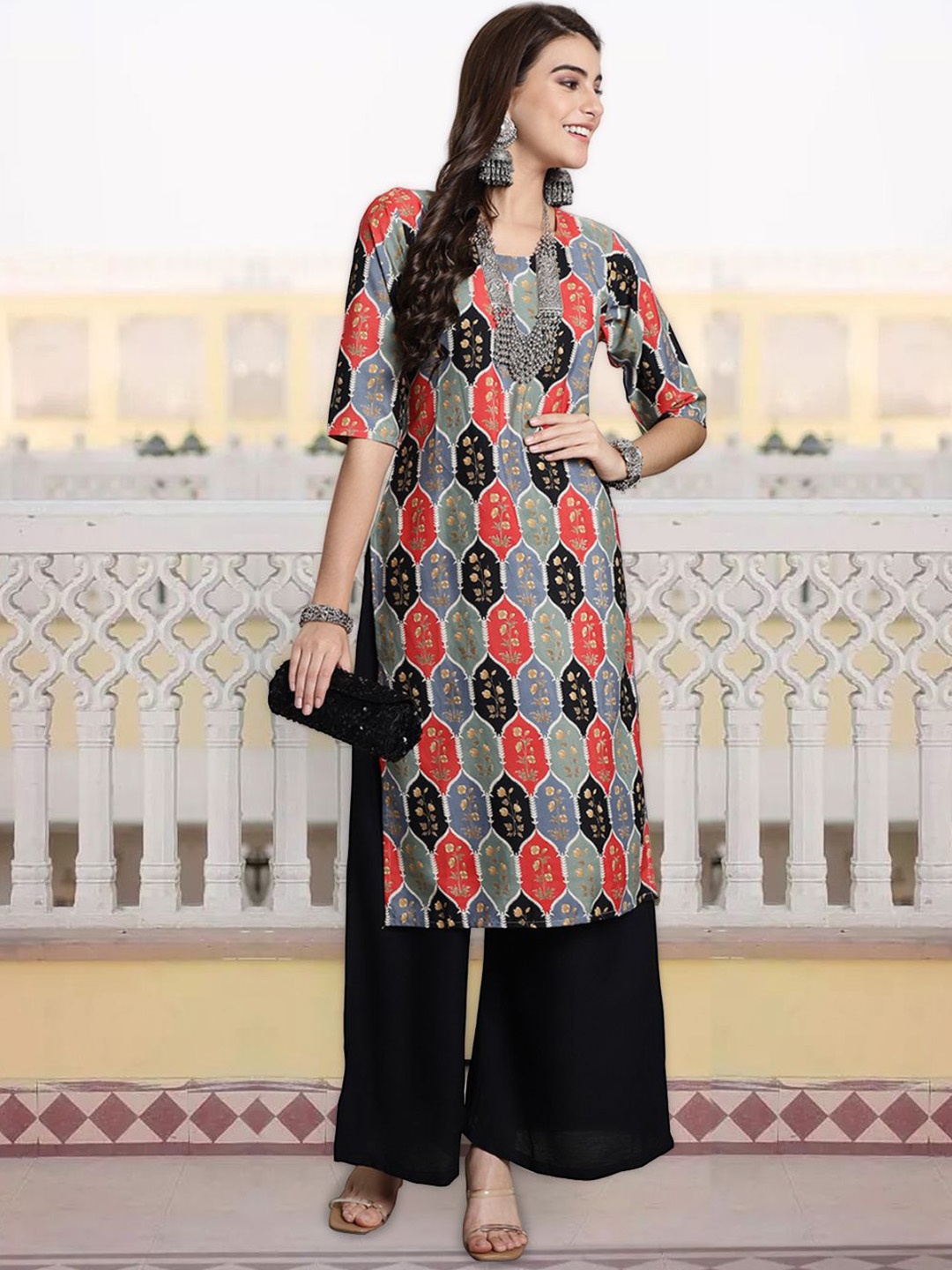 

7Threads Floral Printed Round Neck Straight Kurta, Grey