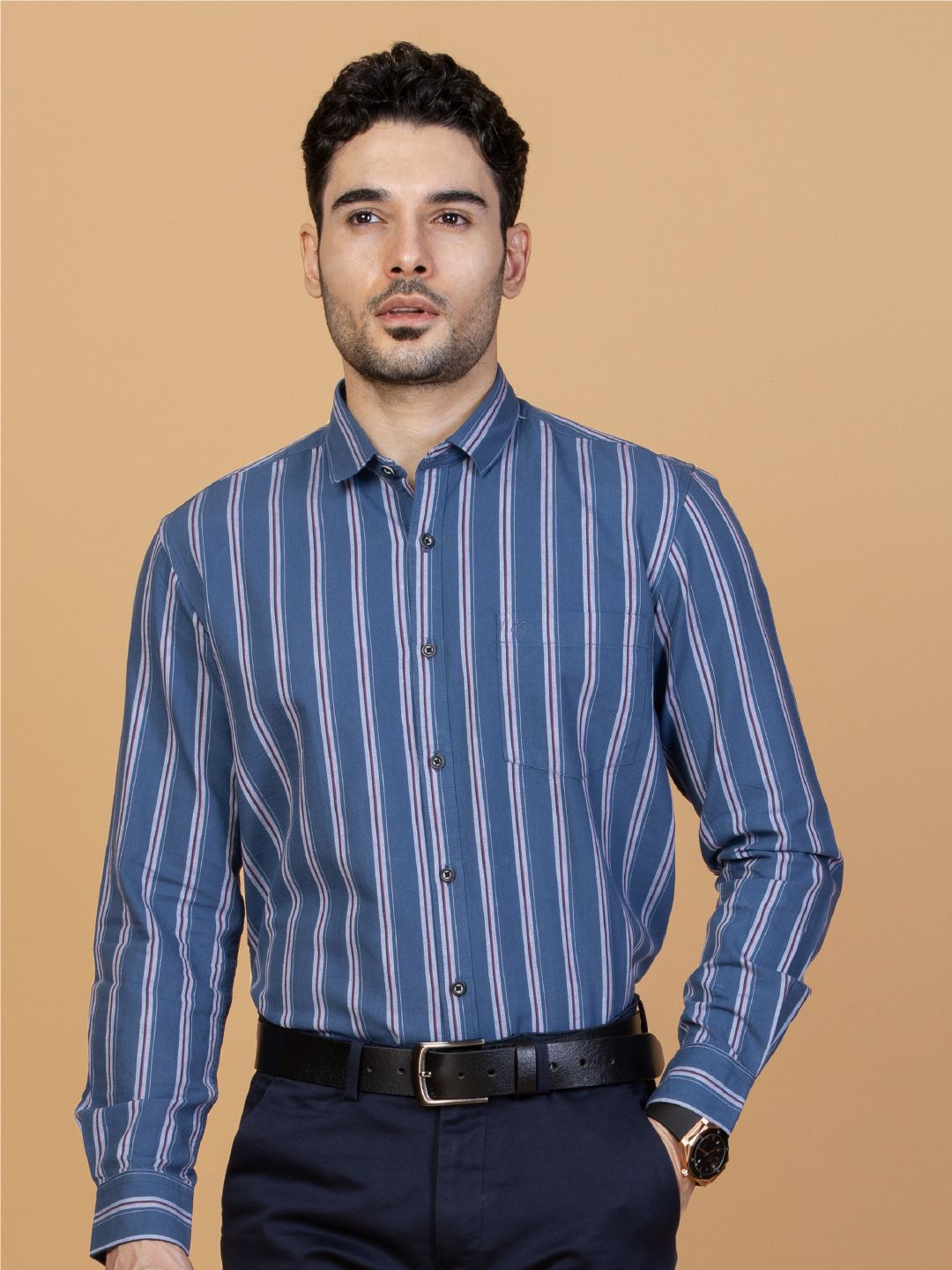 

Monterrey SF Men Smart Spread Collar Striped Cotton Slim Fit Casual Shirt, Navy blue