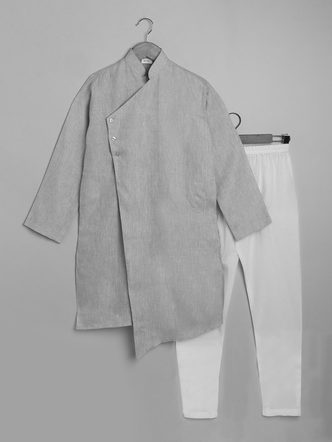 

Little Clothings Boys Mandarin Collar Regular Linen Kurta With Churidar, Grey