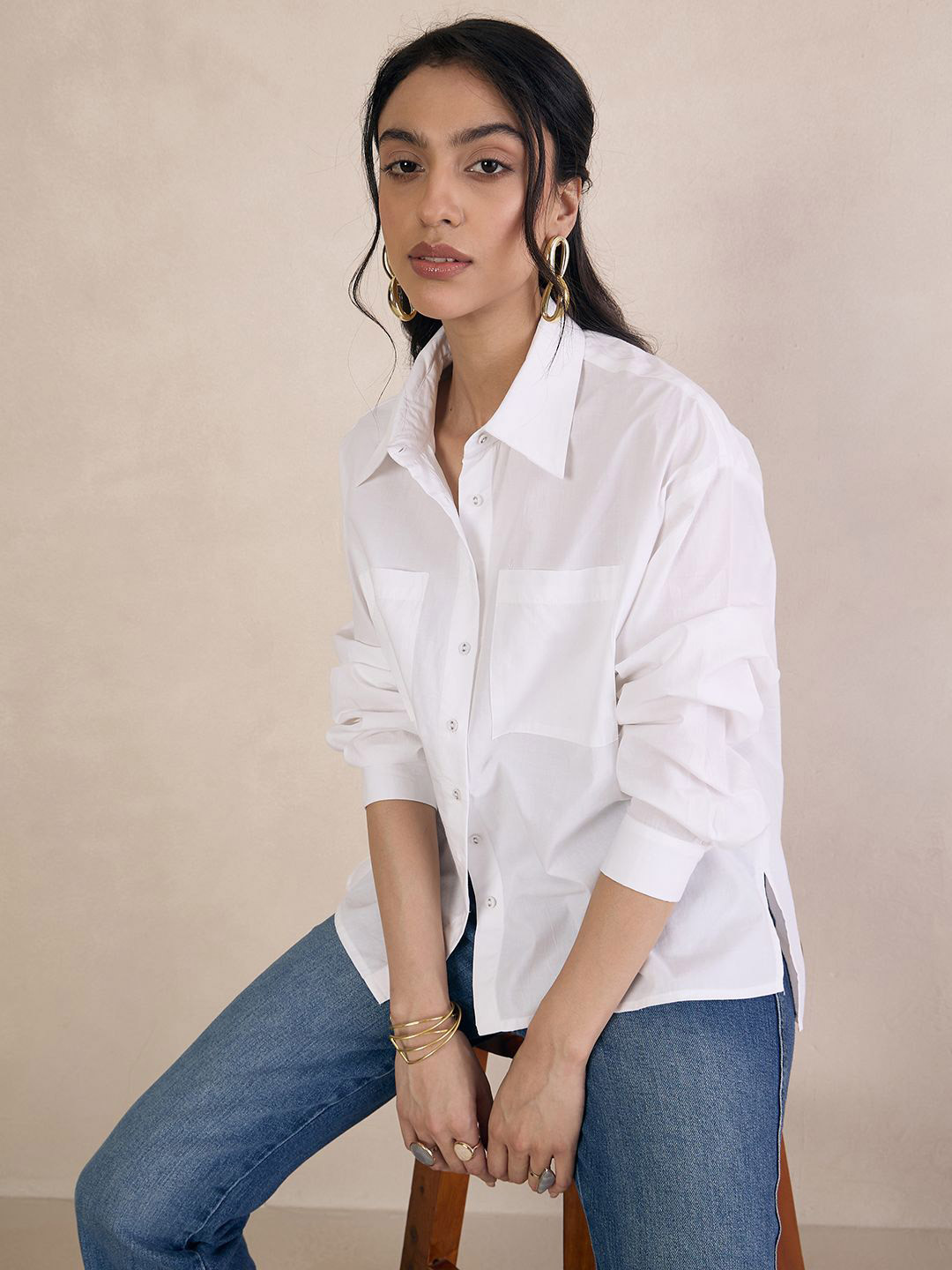 

FEMMELLA Women Comfort Spread Collar Solid Cotton Casual Shirt, White