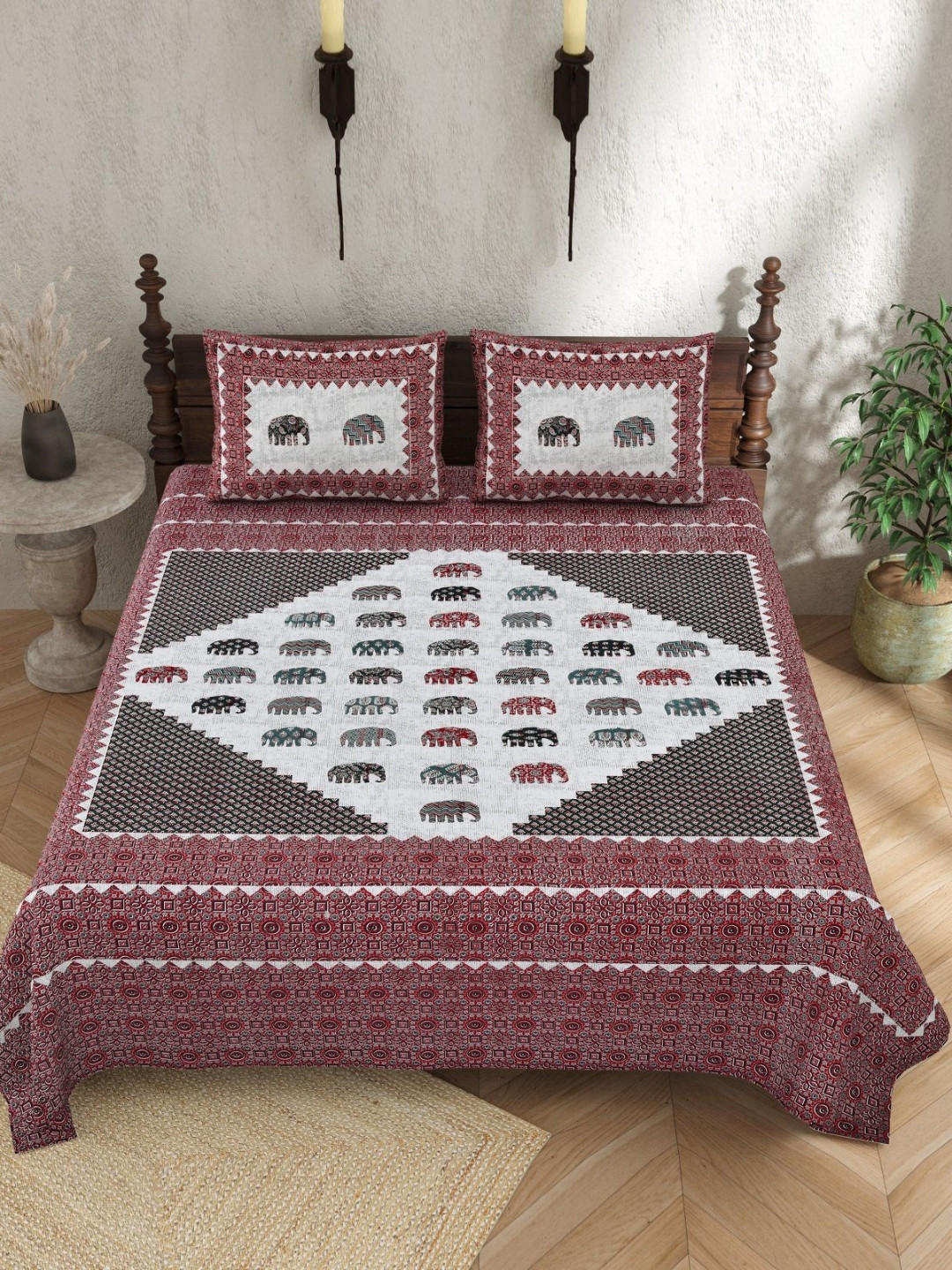 

Texstylers Maroon Ethnic Motifs 140 TC Queen Bedsheet with 2 Pillow Covers