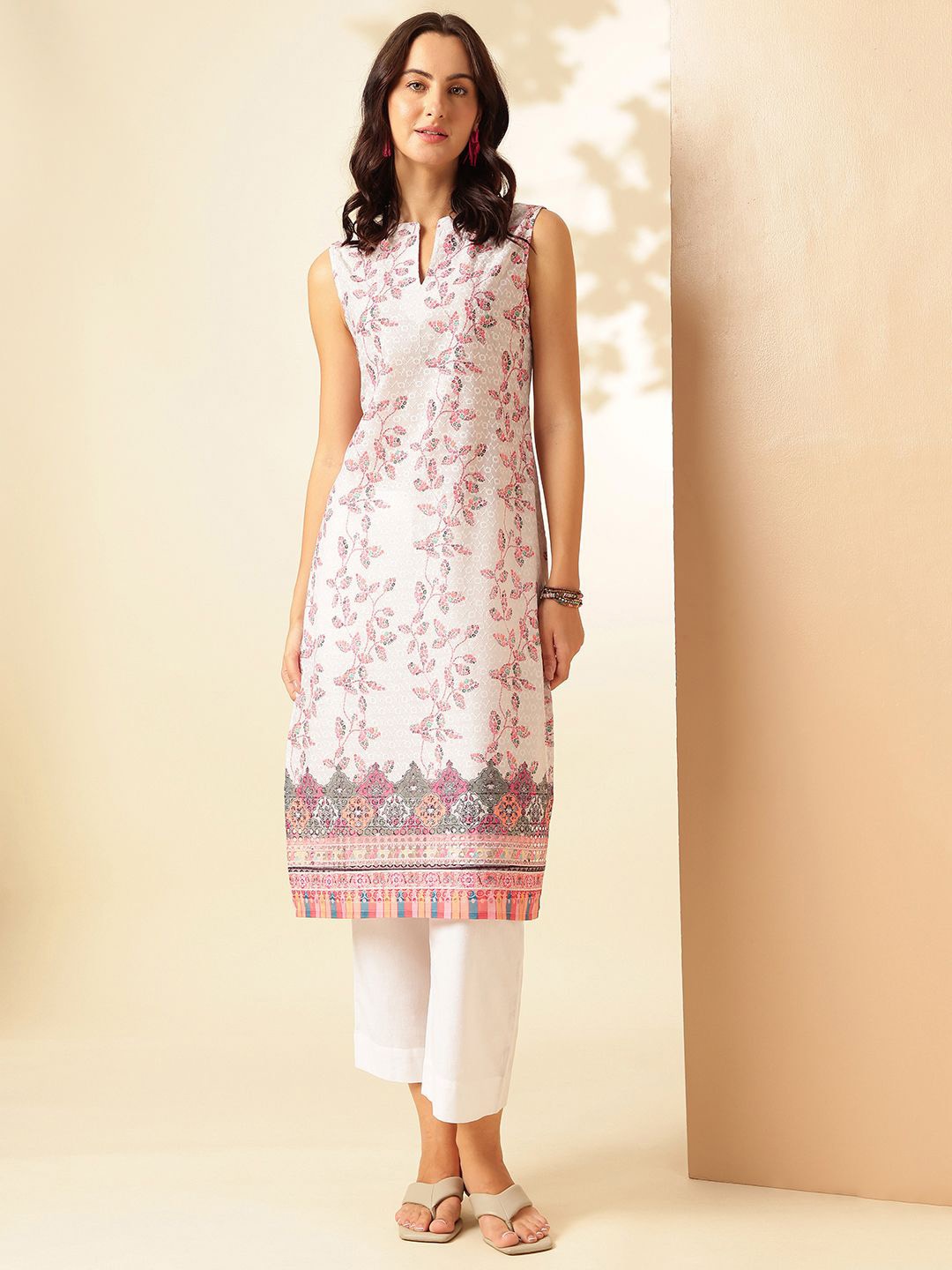

Anouk Rustic Floral Printed Mandarin Collar Pure Cotton Straight Kurta, White