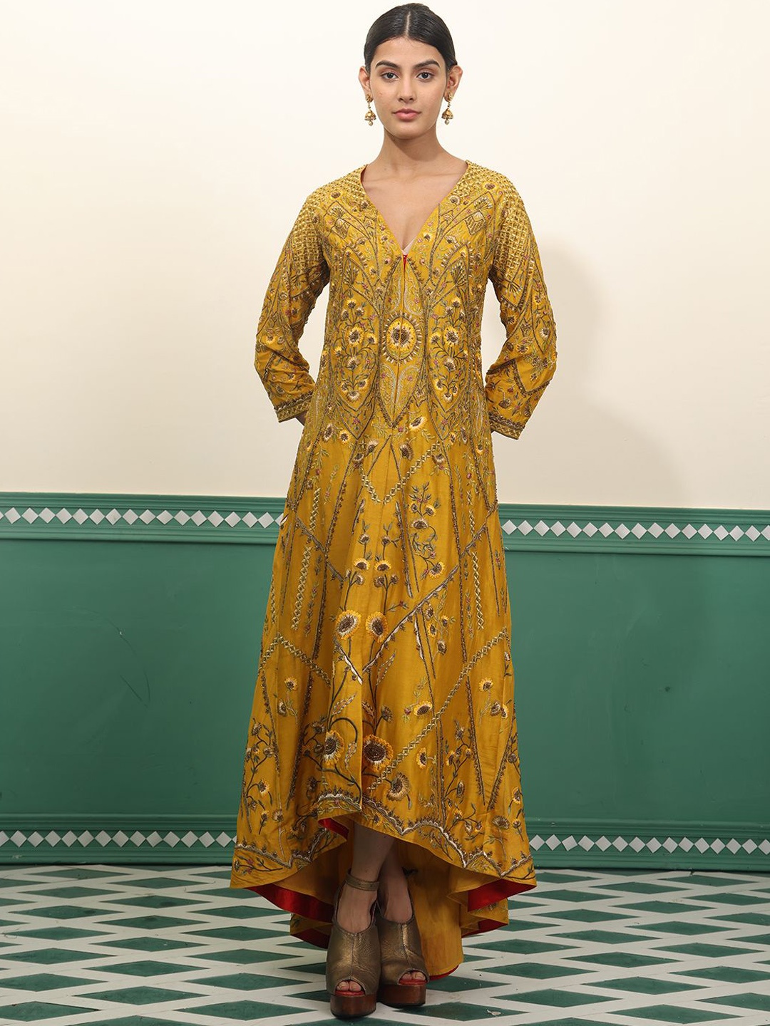 

SAMANT CHAUHAN Floral Embroidered Cotton Silk Fit & Flare High-Low Ethnic Dress, Yellow